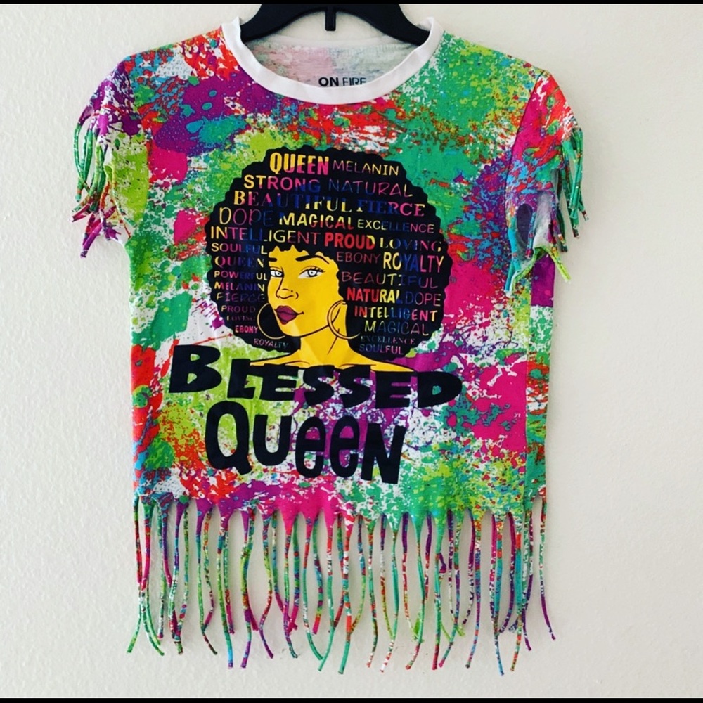 On Fire Blessed Queen Graphic Tie Dye Fringe Shirt Size Small